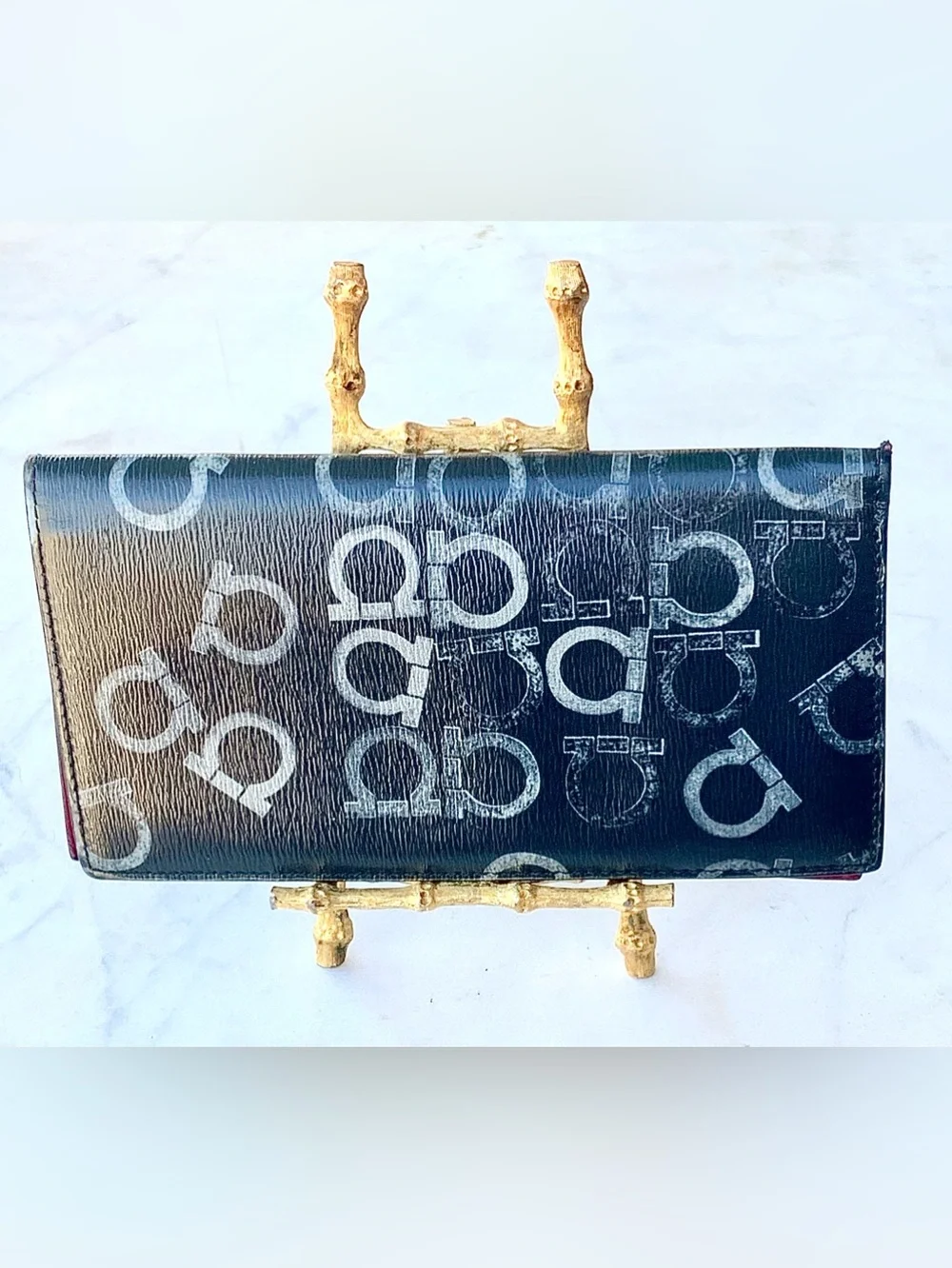 SALVATORE FERRAGAMO Black SILVER GANCINI Logo Print LONG Wallet MENS RED
